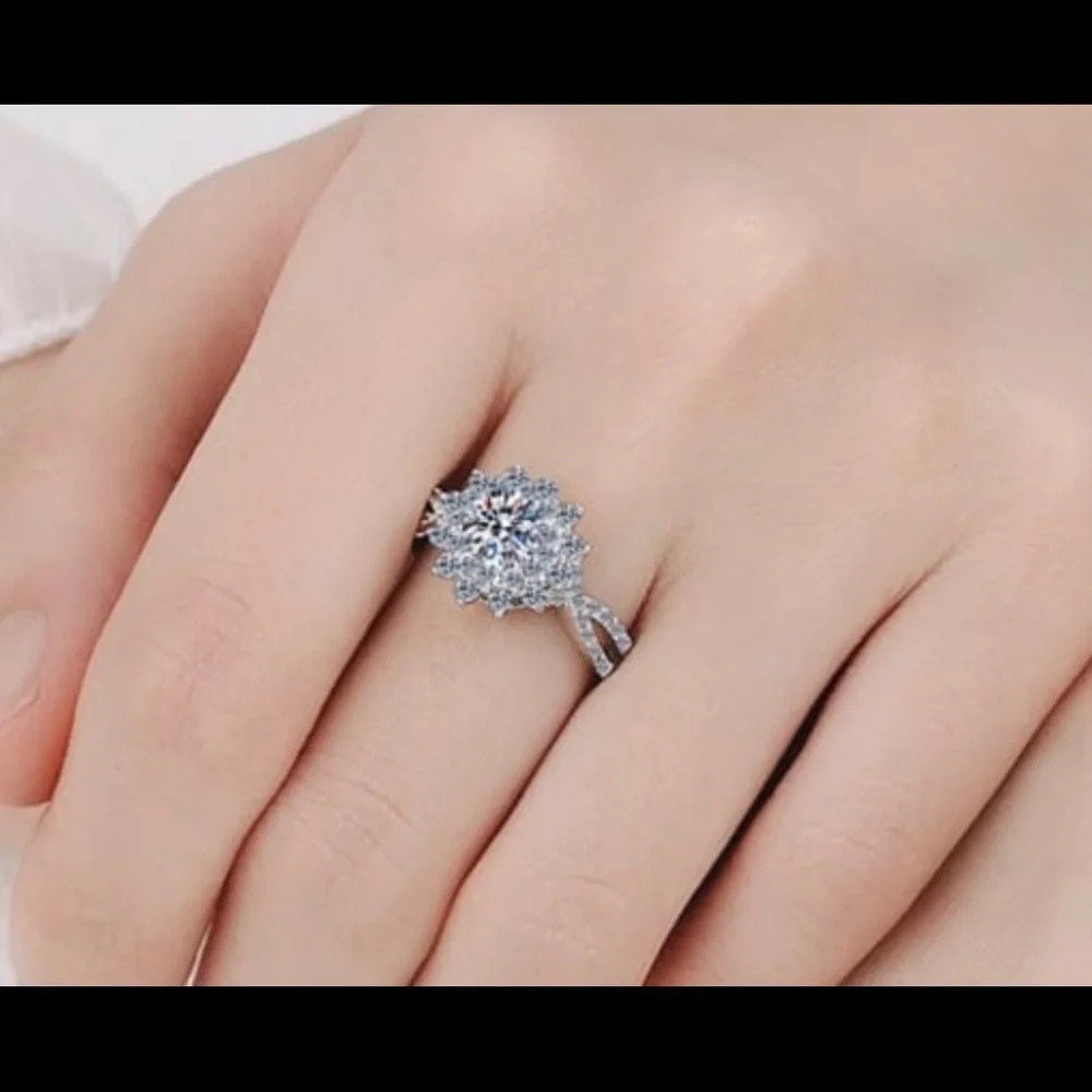 Sterling Silver Moissanite White Flower Engagement Ring - Picture 5 of 10